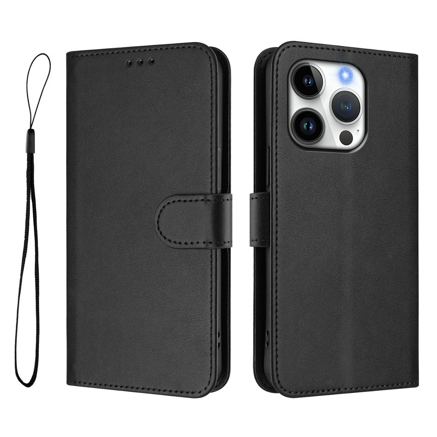 For iPhone 16 Pro Wallet Case RFID Blocking Calf Texture Leather Stand Phone Cover with Strap - Black