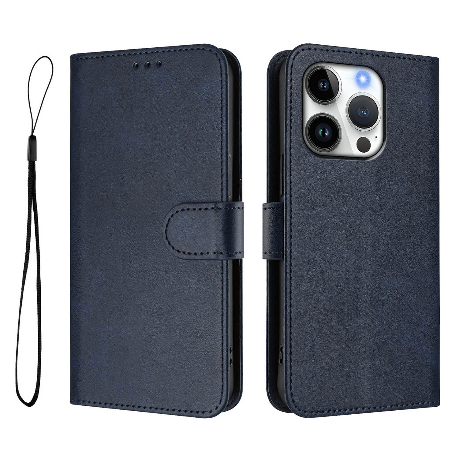 For iPhone 16 Pro Wallet Case RFID Blocking Calf Texture Leather Stand Phone Cover with Strap - Blue