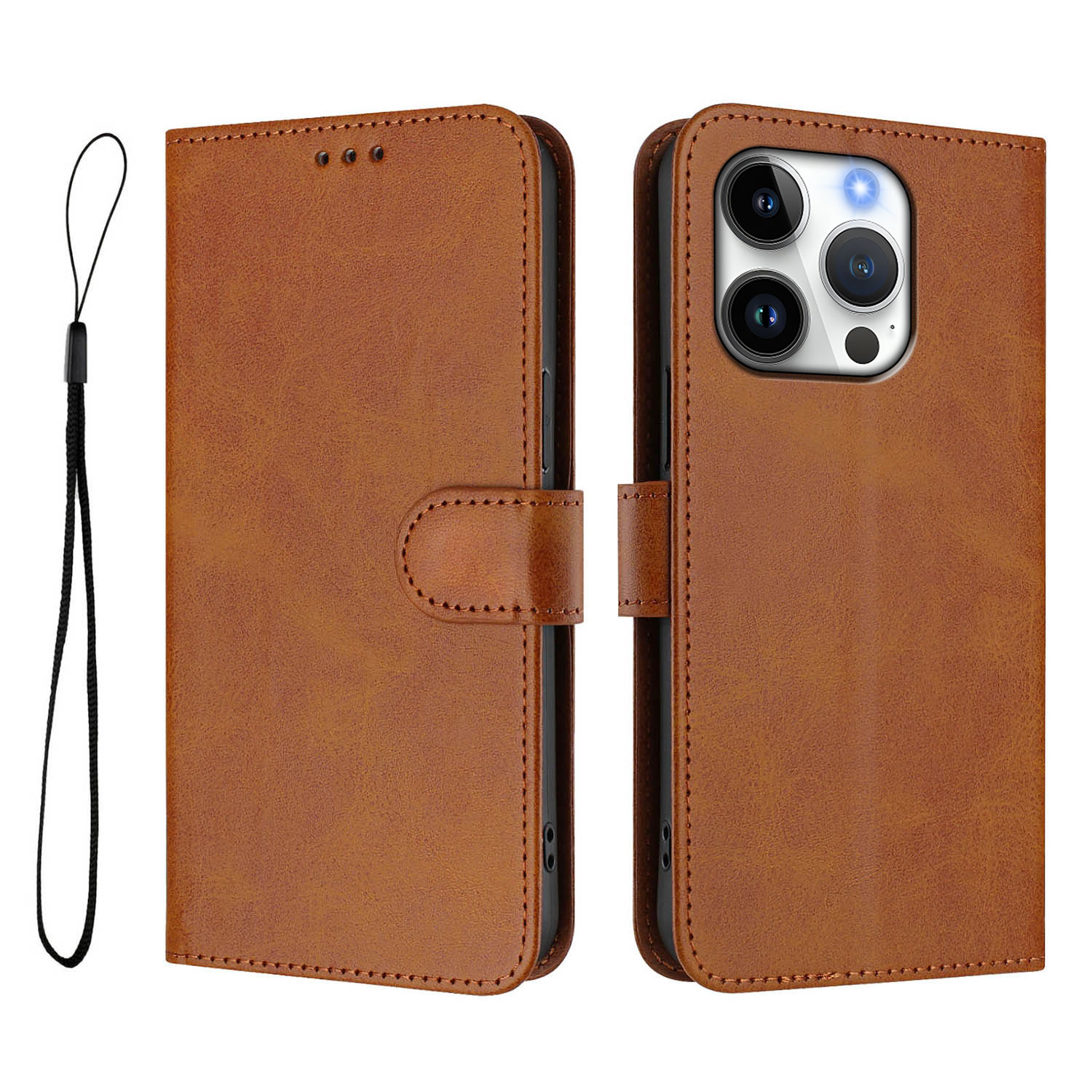 For iPhone 16 Pro Wallet Case RFID Blocking Calf Texture Leather Stand Phone Cover with Strap - Brown