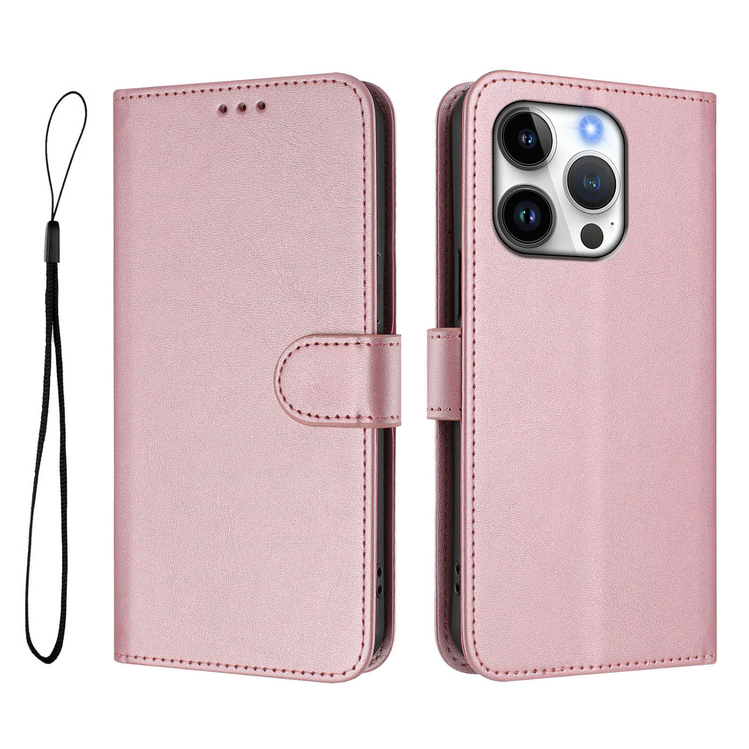 For iPhone 16 Pro Wallet Case RFID Blocking Calf Texture Leather Stand Phone Cover with Strap - Pink