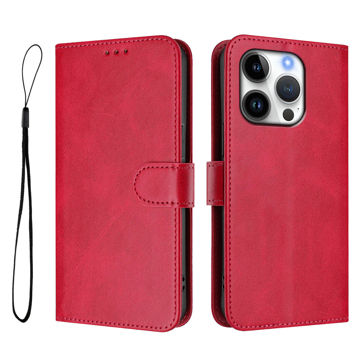 For iPhone 16 Pro Wallet Case RFID Blocking Calf Texture Leather Stand Phone Cover with Strap - Rose