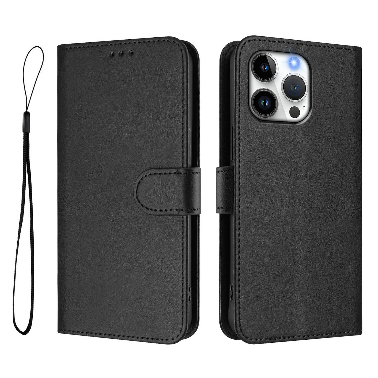 For iPhone 16 Pro Max Wallet Case RFID Blocking Calf Texture Leather Stand Phone Cover with Strap - Black