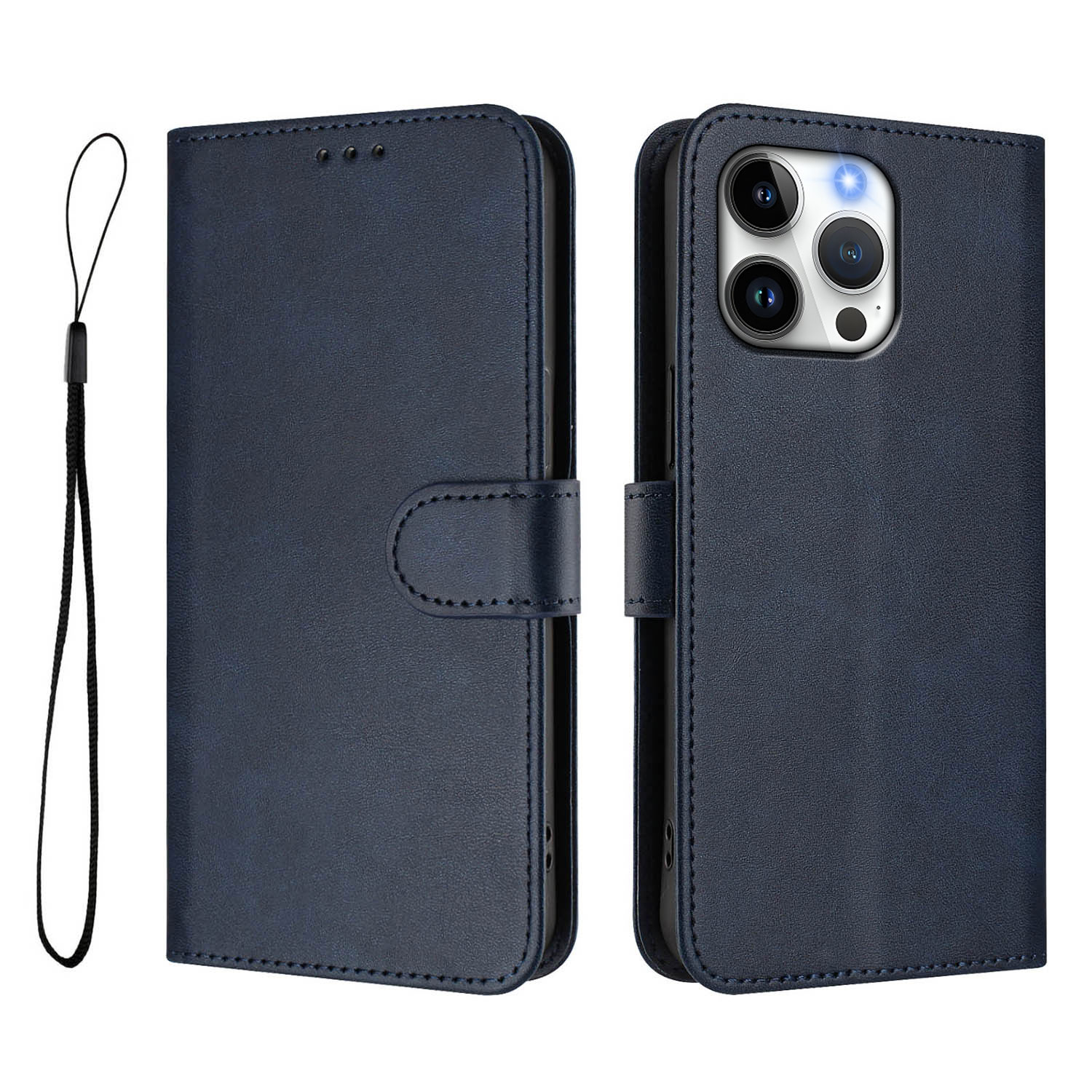 For iPhone 16 Pro Max Wallet Case RFID Blocking Calf Texture Leather Stand Phone Cover with Strap - Blue