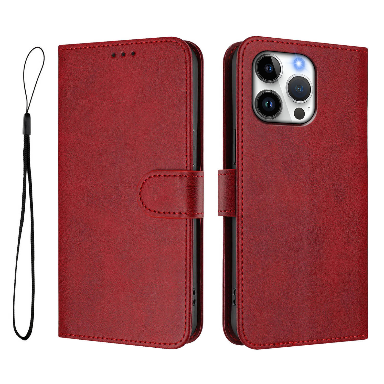 For iPhone 16 Pro Max Wallet Case RFID Blocking Calf Texture Leather Stand Phone Cover with Strap - Wine Red