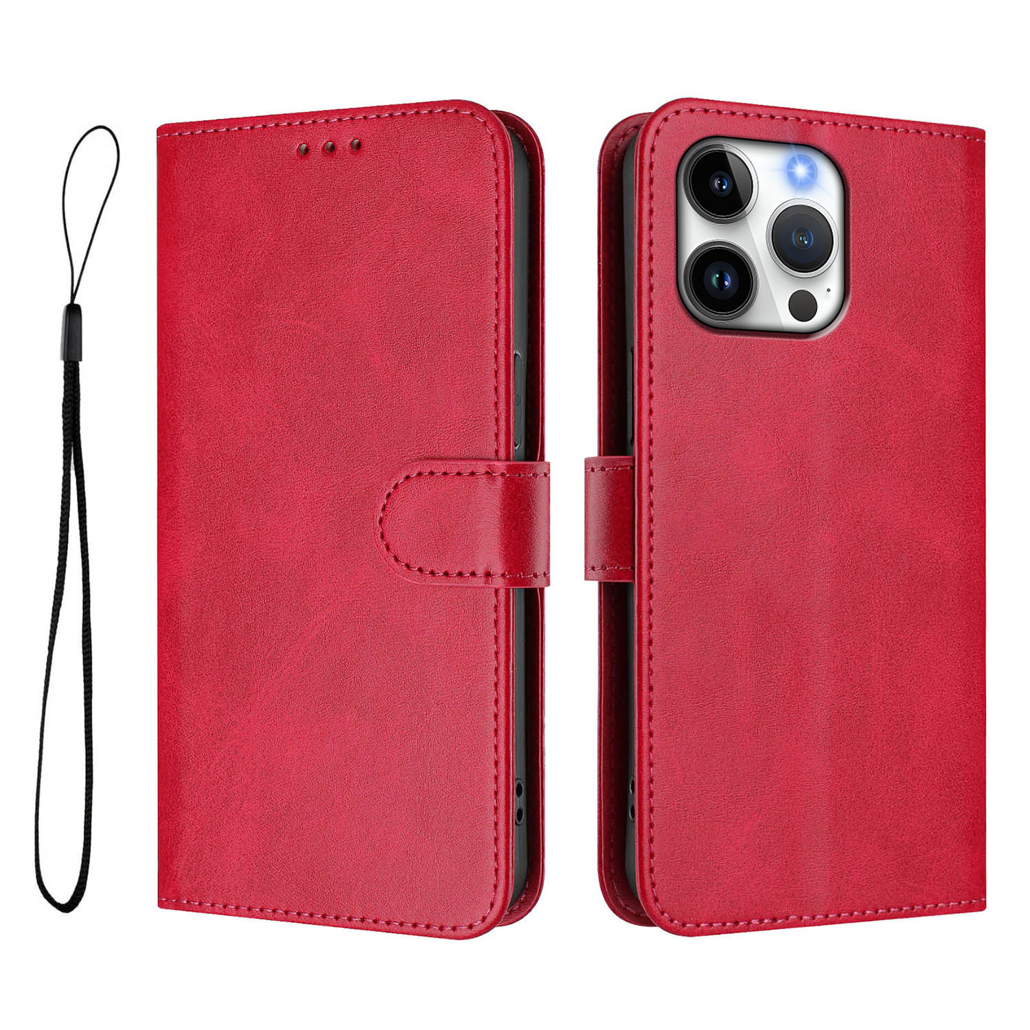 For iPhone 16 Pro Max Wallet Case RFID Blocking Calf Texture Leather Stand Phone Cover with Strap - Rose