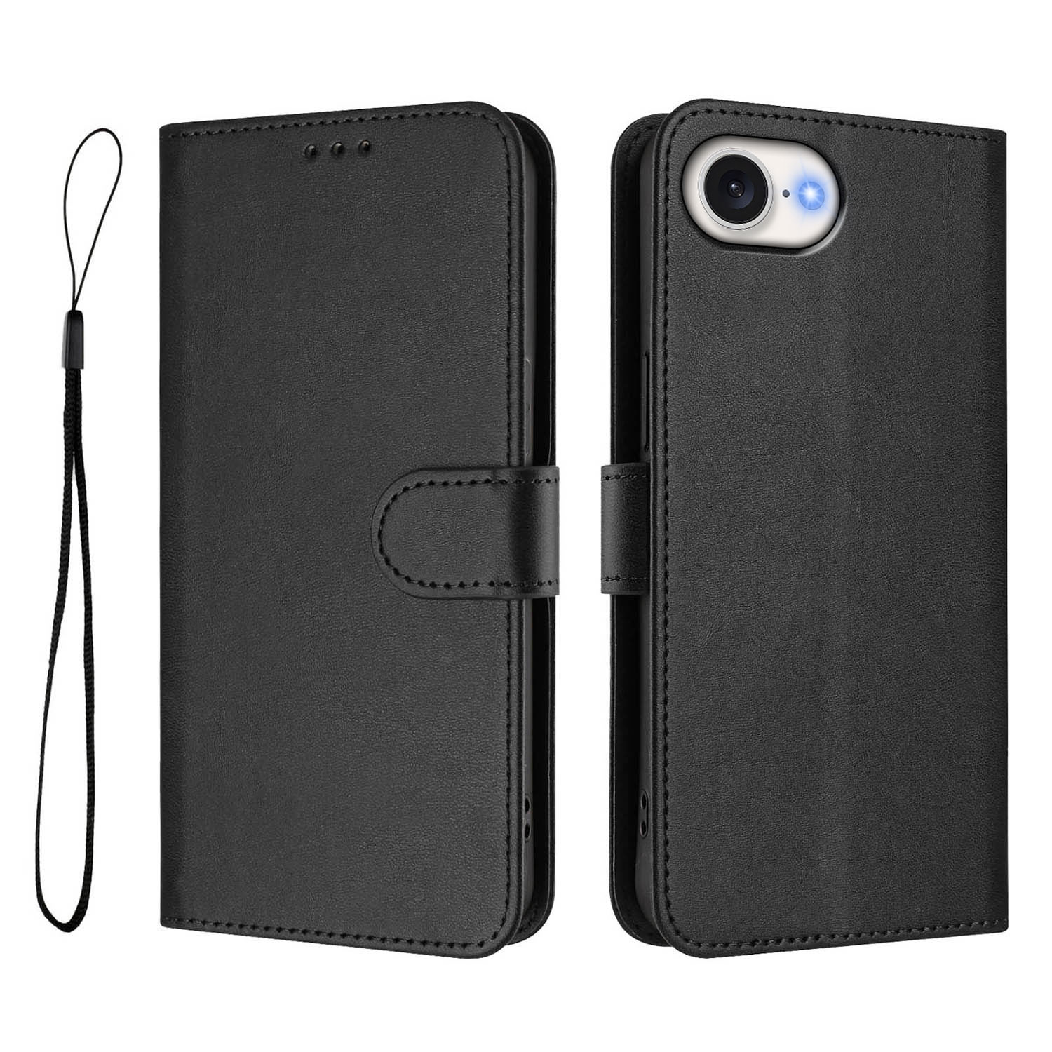 For iPhone 16e Wallet Case RFID Blocking Calf Texture Leather Stand Phone Cover with Strap - Black