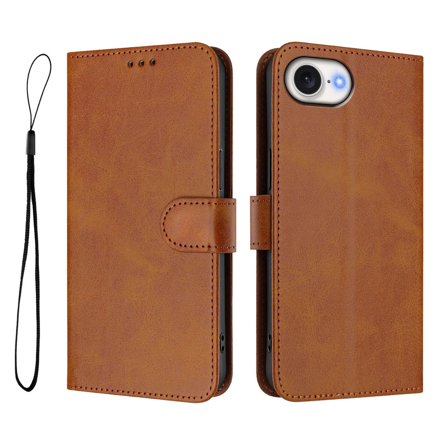 For iPhone 16e Wallet Case RFID Blocking Calf Texture Leather Stand Phone Cover with Strap - Brown