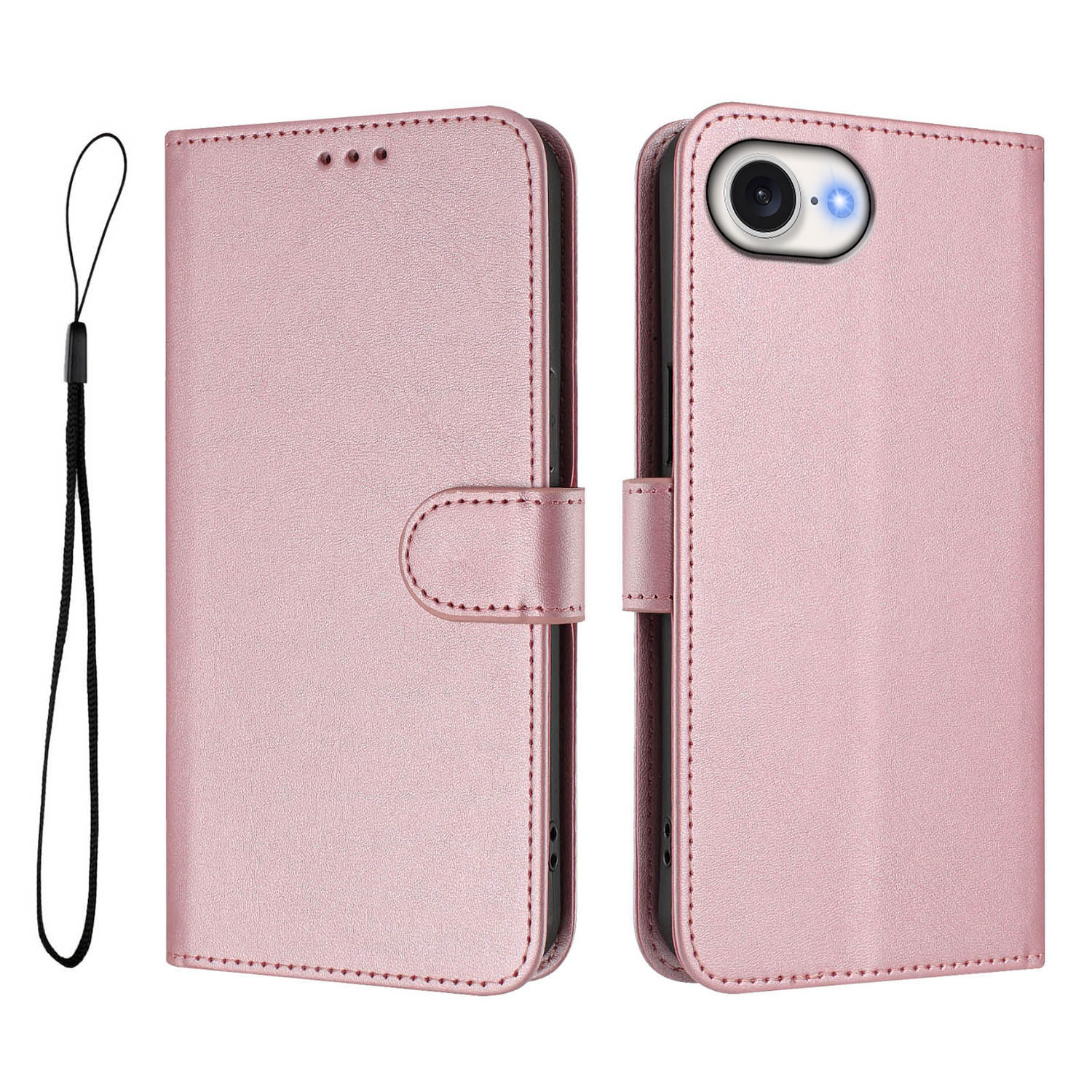For iPhone 16e Wallet Case RFID Blocking Calf Texture Leather Stand Phone Cover with Strap - Pink