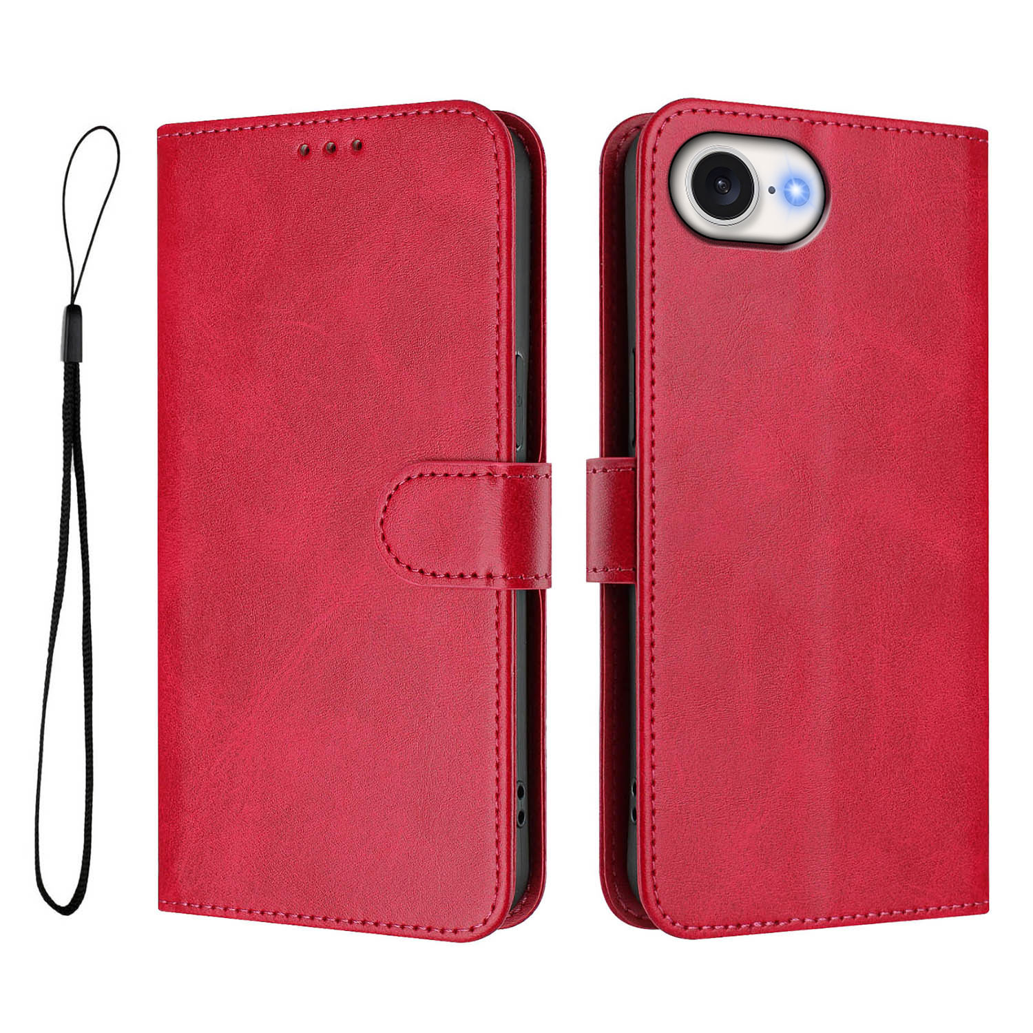 For iPhone 16e Wallet Case RFID Blocking Calf Texture Leather Stand Phone Cover with Strap - Rose