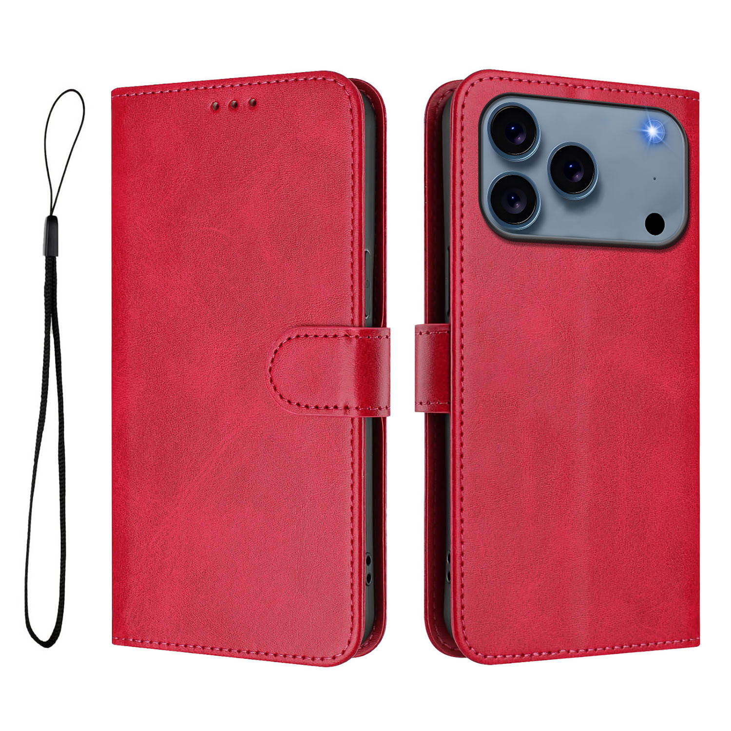 For iPhone 17 Pro Max Wallet Case RFID Blocking Calf Texture Leather Stand Phone Cover with Strap - Rose
