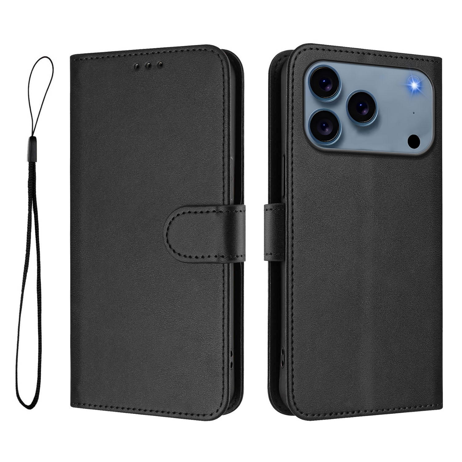 For iPhone 17 Pro Wallet Case RFID Blocking Calf Texture Leather Stand Phone Cover with Strap - Black