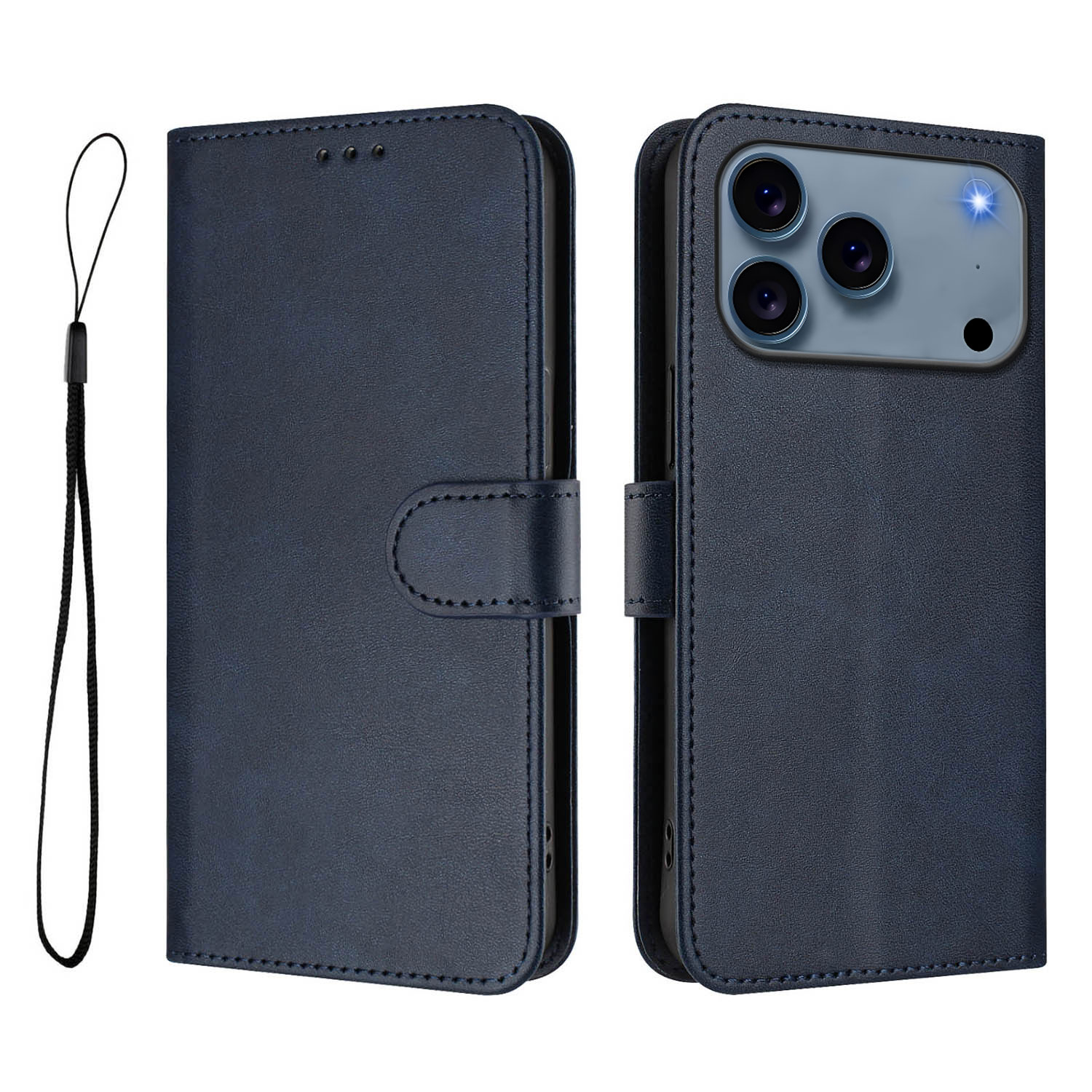 For iPhone 17 Pro Wallet Case RFID Blocking Calf Texture Leather Stand Phone Cover with Strap - Blue