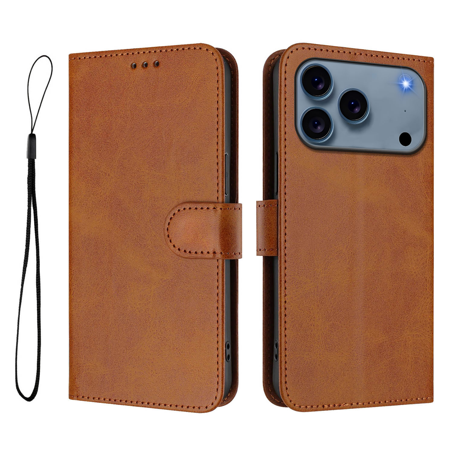 For iPhone 17 Pro Wallet Case RFID Blocking Calf Texture Leather Stand Phone Cover with Strap - Brown