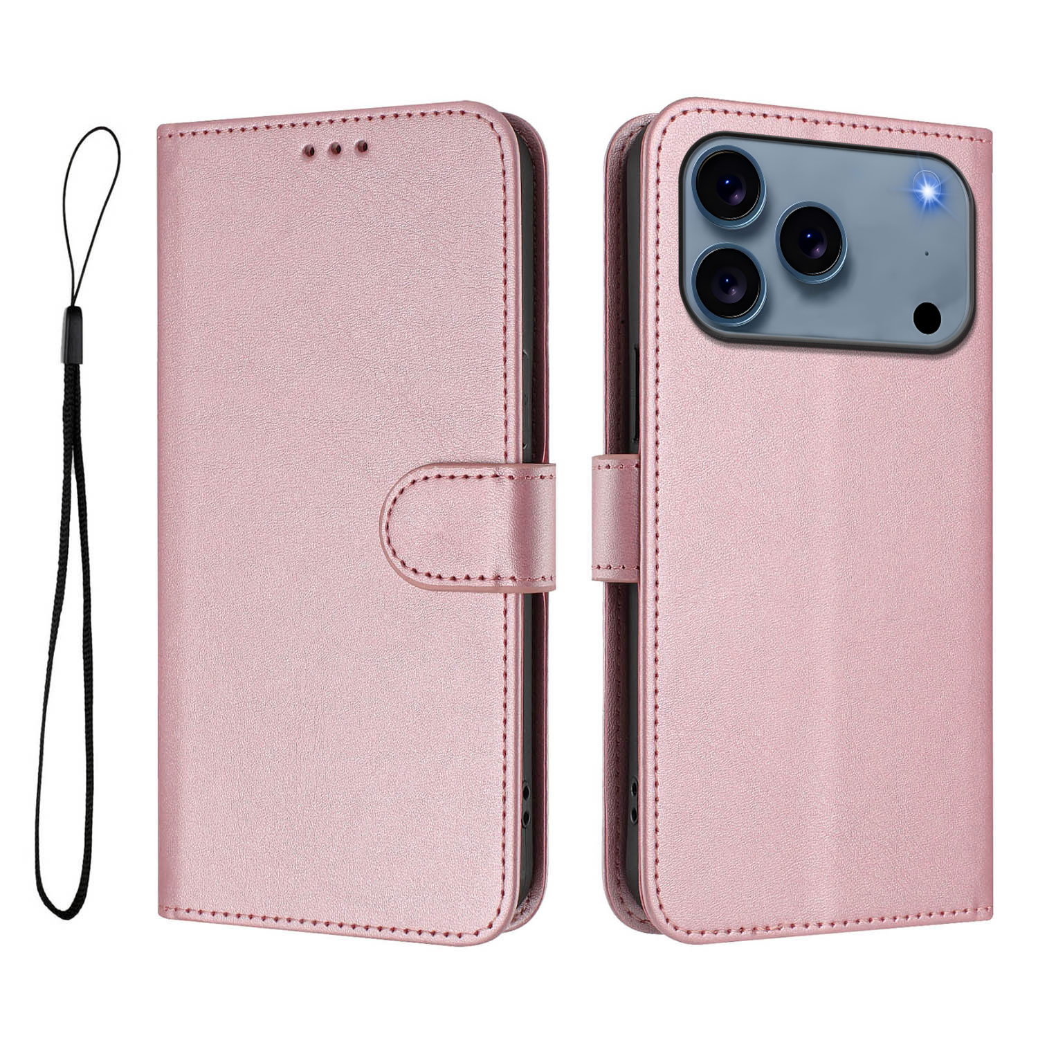 For iPhone 17 Pro Wallet Case RFID Blocking Calf Texture Leather Stand Phone Cover with Strap - Pink