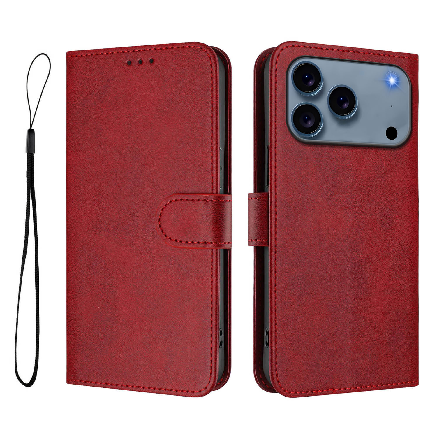 For iPhone 17 Pro Wallet Case RFID Blocking Calf Texture Leather Stand Phone Cover with Strap - Wine Red