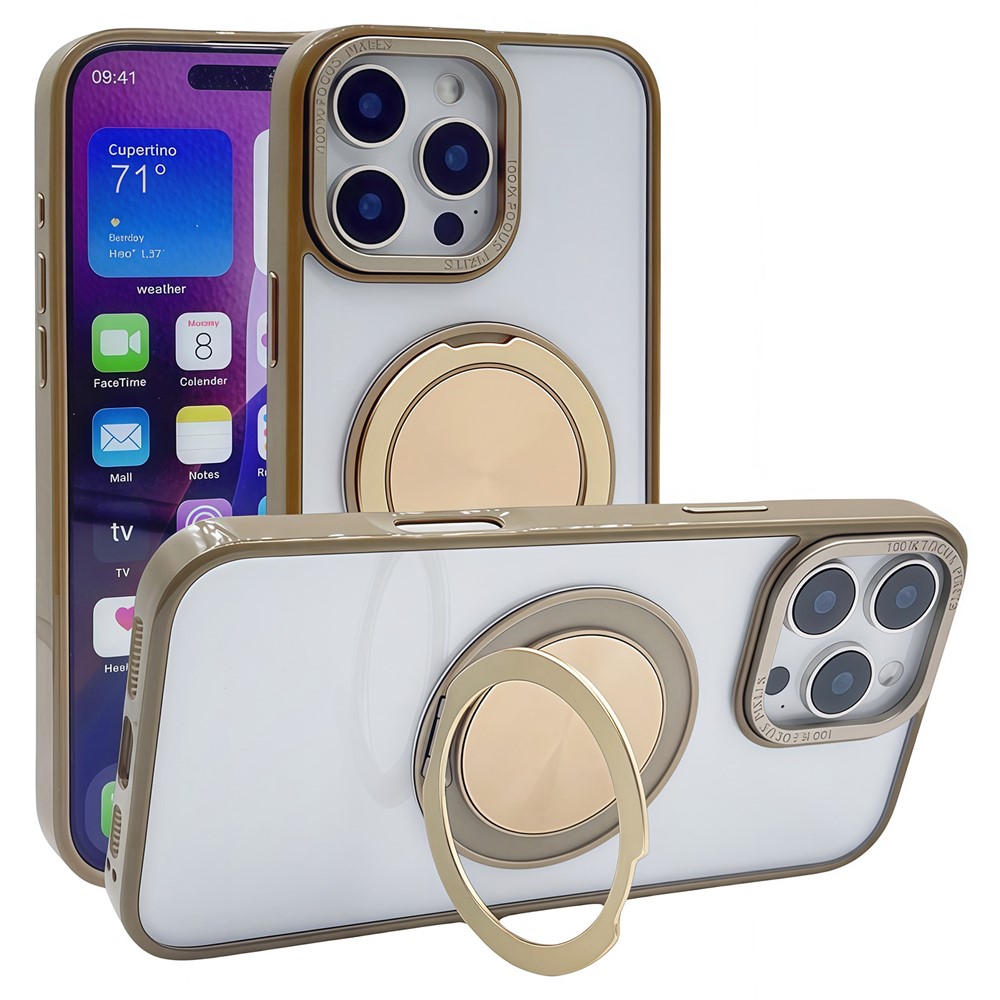 For iPhone 16 Pro Magnetic Case Acrylic TPU Phone Back Cover with Kickstand - Desert Gold