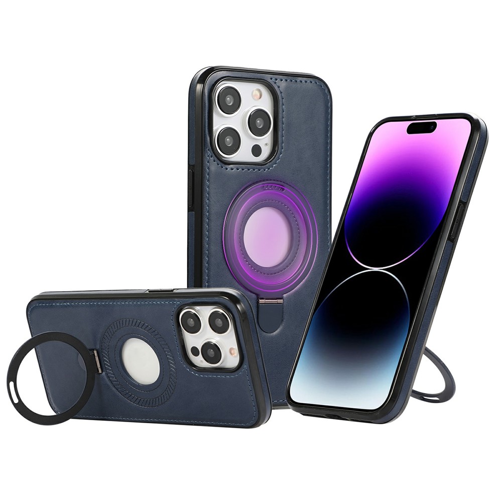 For iPhone 14 Pro Max Case Magnetic Kickstand PU Leather Coated PC + TPU Phone Cover - Blue