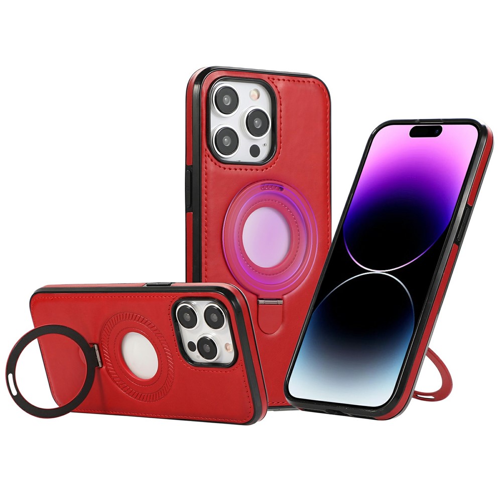For iPhone 14 Pro Max Case Magnetic Kickstand PU Leather Coated PC + TPU Phone Cover - Red