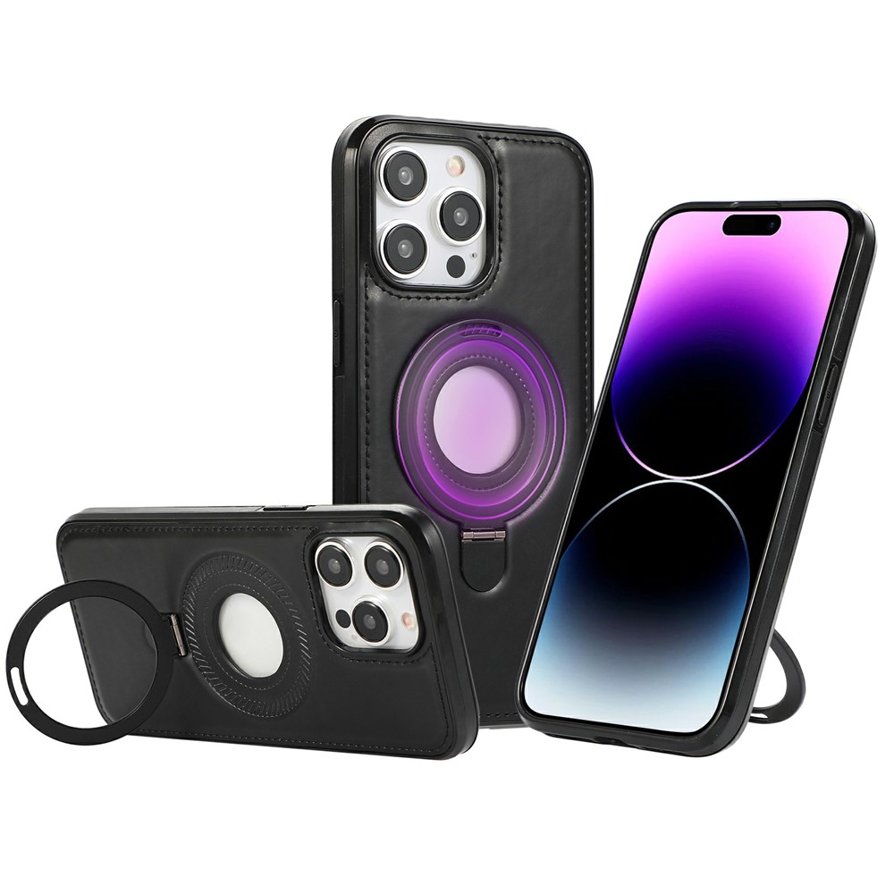 For iPhone 14 Pro Case Magnetic Kickstand PU Leather Coated PC + TPU Phone Cover - Black