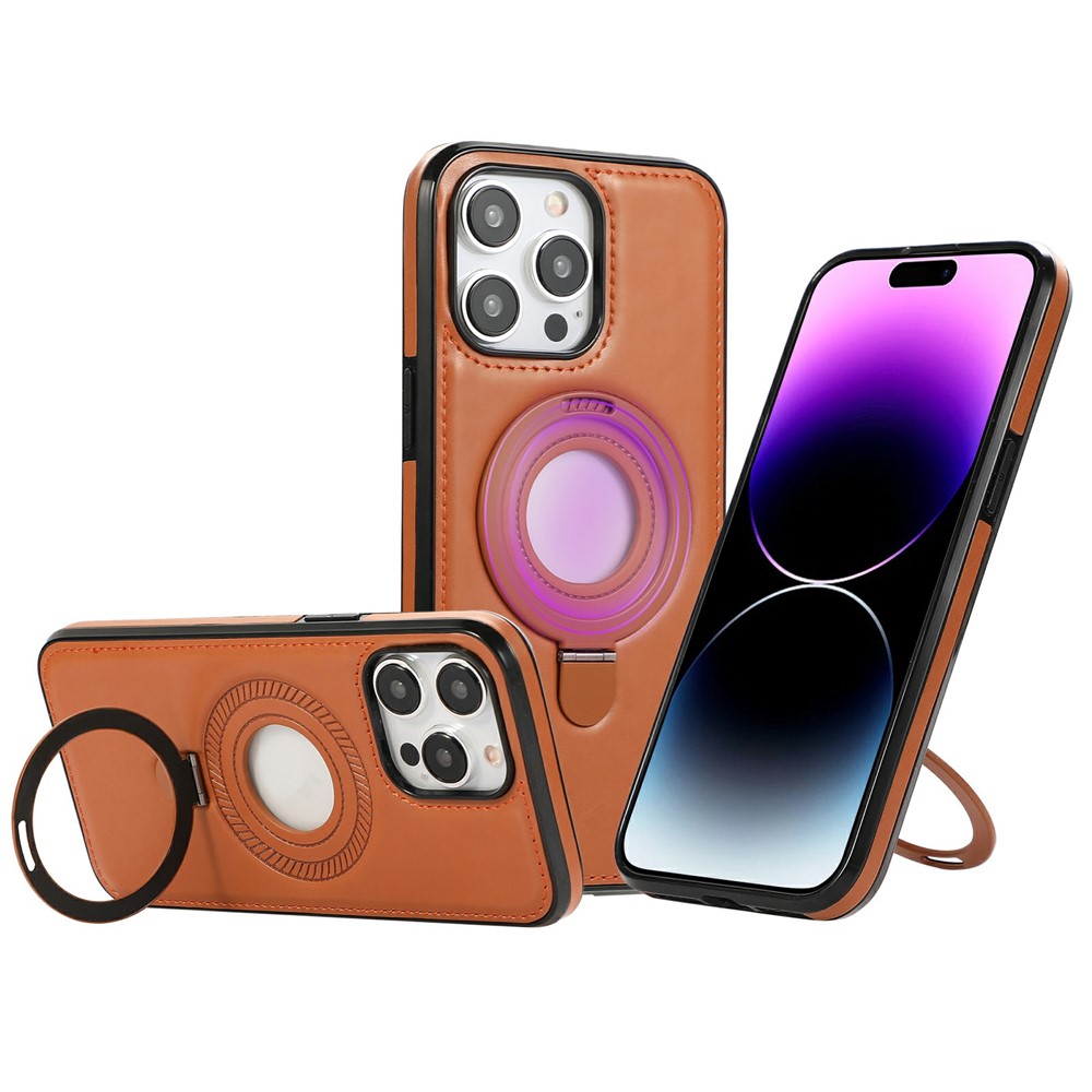For iPhone 14 Pro Case Magnetic Kickstand PU Leather Coated PC + TPU Phone Cover - Brown
