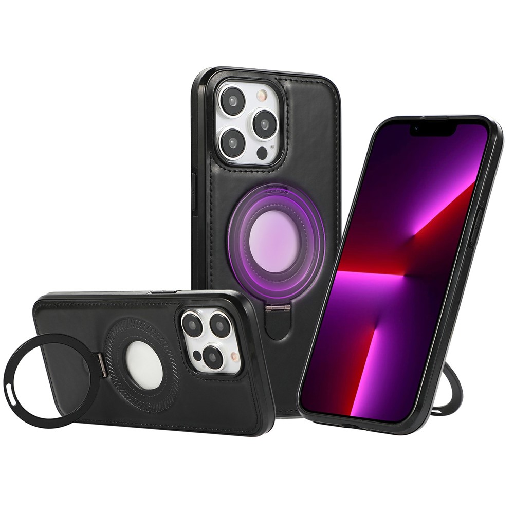For iPhone 13 Pro Max Case Magnetic Kickstand PU Leather Coated PC + TPU Phone Cover - Black