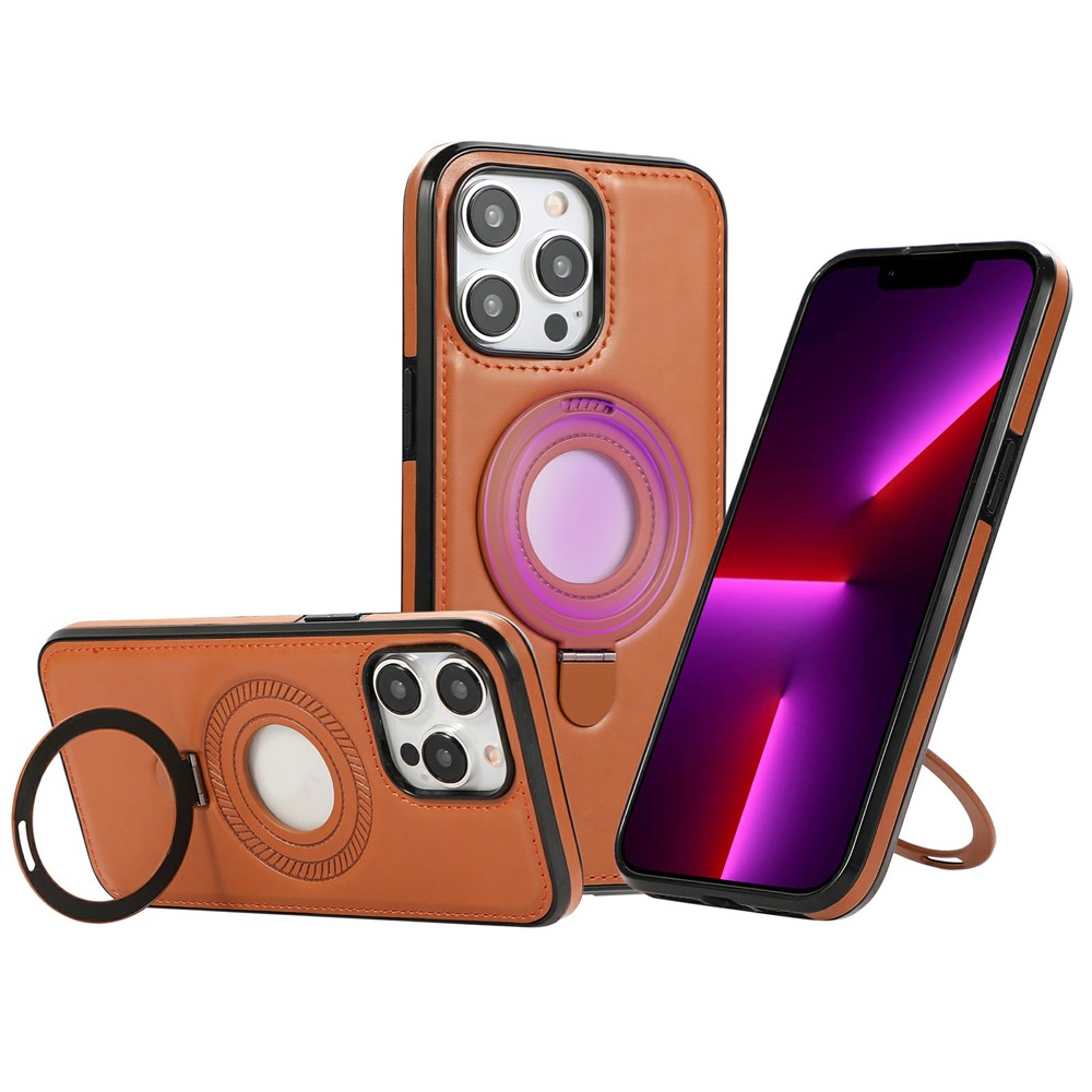 For iPhone 13 Pro Max Case Magnetic Kickstand PU Leather Coated PC + TPU Phone Cover - Brown