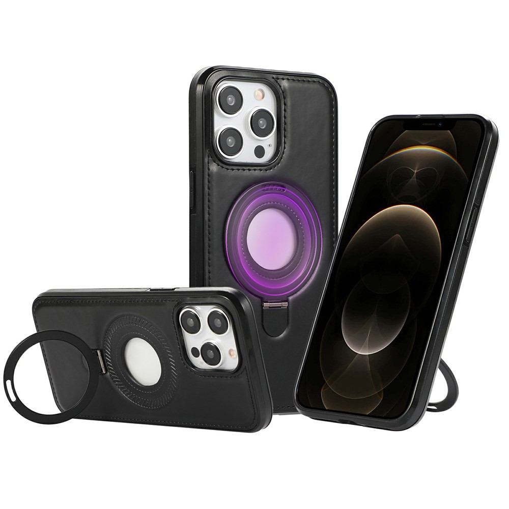 For iPhone 12 / 12 Pro Case Magnetic Kickstand PU Leather Coated PC + TPU Phone Cover - Black