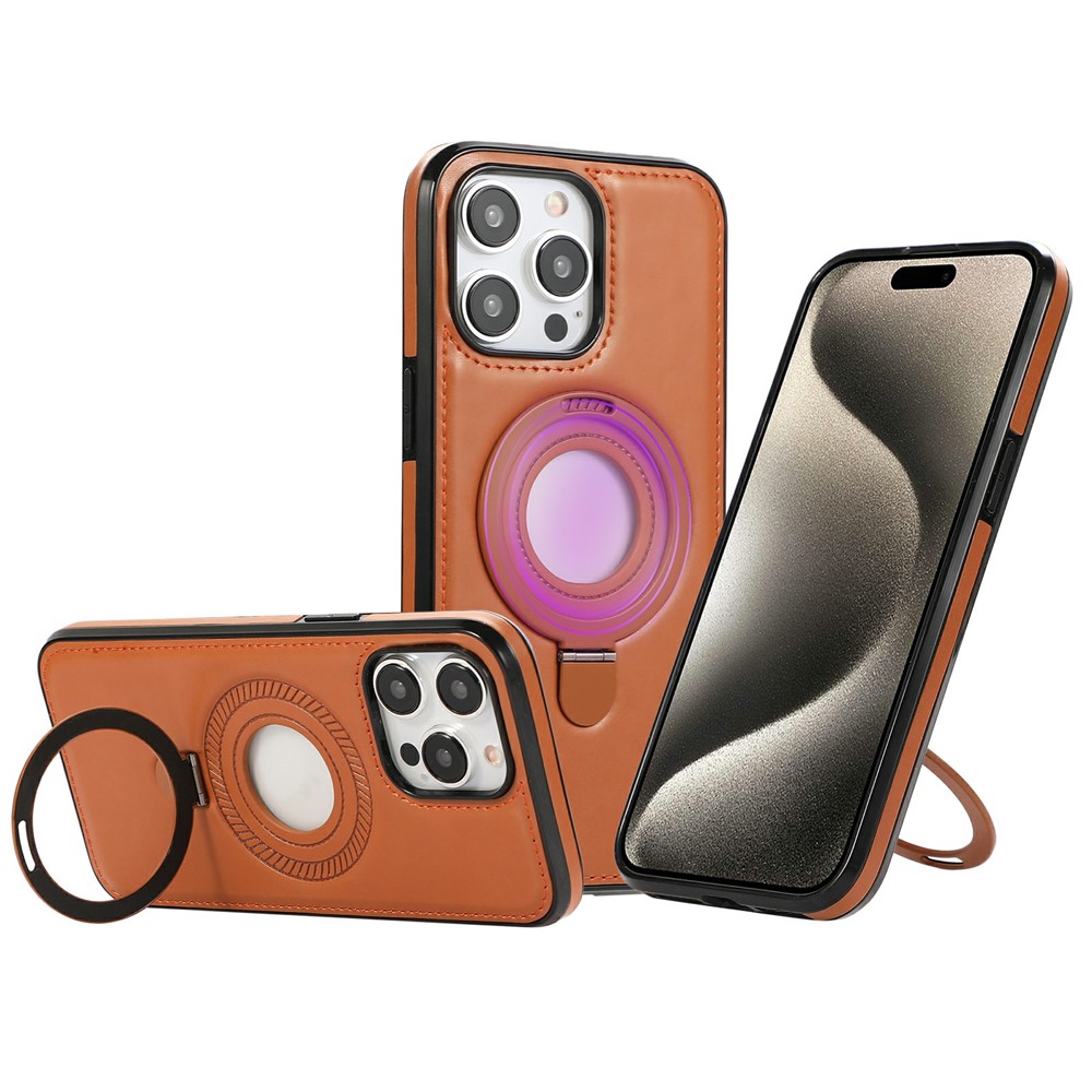 For iPhone 15 Pro Max Case Magnetic Kickstand PU Leather Coated PC + TPU Phone Cover - Brown