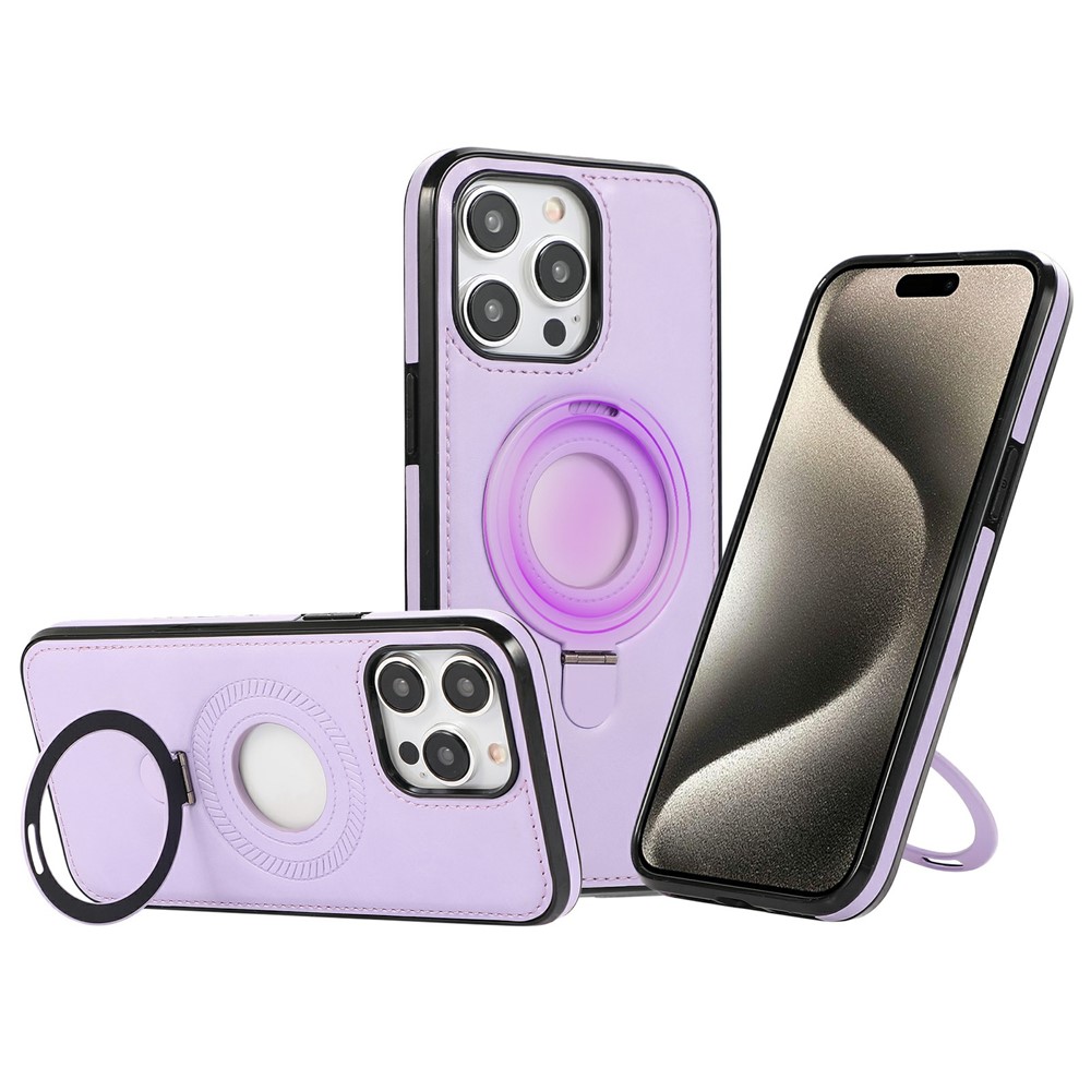 For iPhone 15 Pro Case Magnetic Kickstand PU Leather Coated PC + TPU Phone Cover - Purple