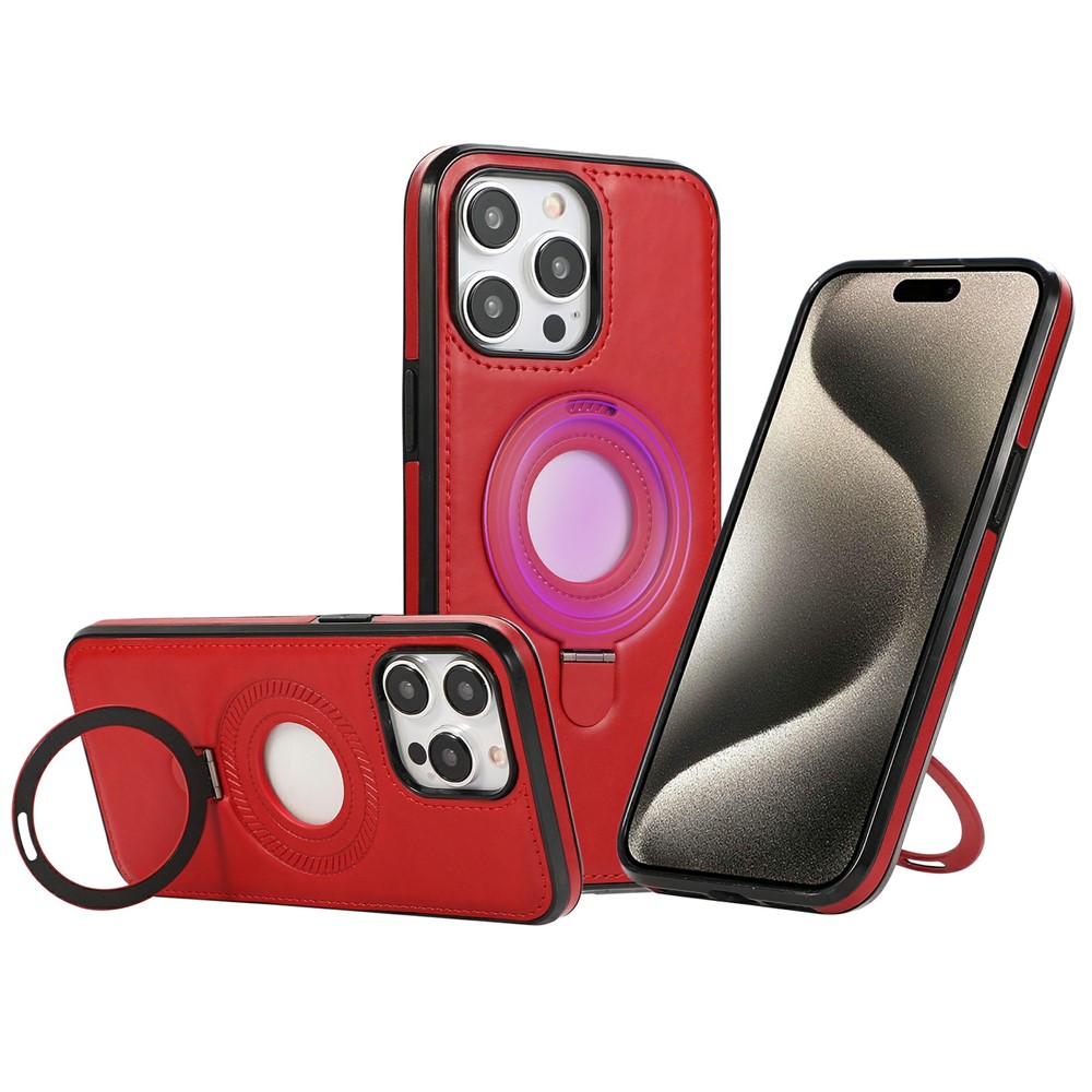 For iPhone 15 Pro Case Magnetic Kickstand PU Leather Coated PC + TPU Phone Cover - Red