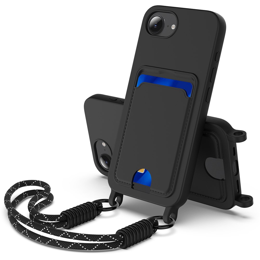 Bulk Purchasing For iPhone 16e Case Liquid Silicone Card Holder Phone Back Cover with Short Strap - Black