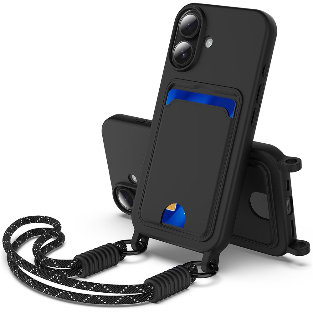 Bulk Purchasing For iPhone 16 Plus Case Liquid Silicone Card Holder Phone Back Cover with Short Strap - Black