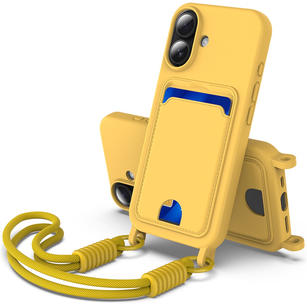 Bulk Purchasing For iPhone 16 Plus Case Liquid Silicone Card Holder Phone Back Cover with Short Strap - Yellow