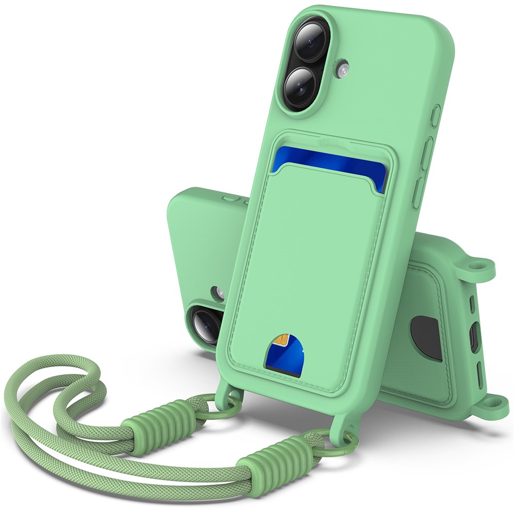 Bulk Purchasing For iPhone 16 Plus Case Liquid Silicone Card Holder Phone Back Cover with Short Strap - Green