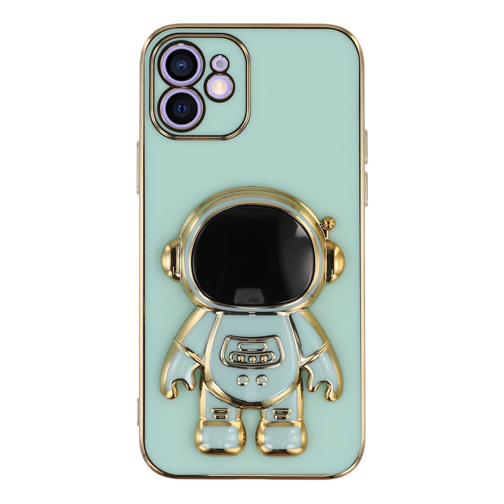 For iPhone 12 Case Electroplating Soft TPU Phone Cover with Astronaut Hidden Kickstand - Green