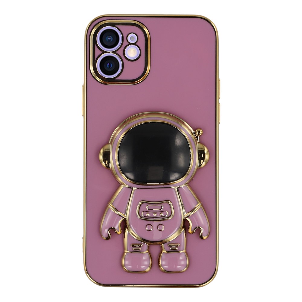 For iPhone 12 Case Electroplating Soft TPU Phone Cover with Astronaut Hidden Kickstand - Purple
