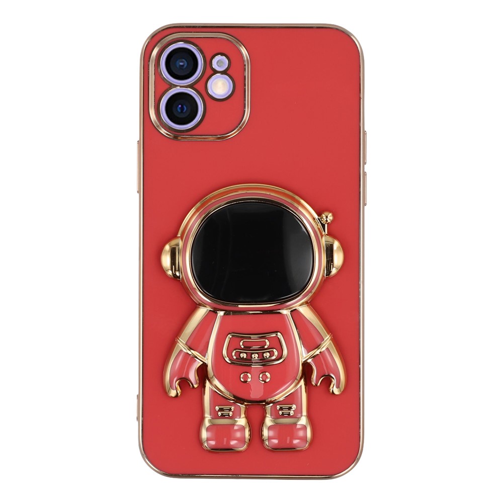 For iPhone 12 Case Electroplating Soft TPU Phone Cover with Astronaut Hidden Kickstand - Red