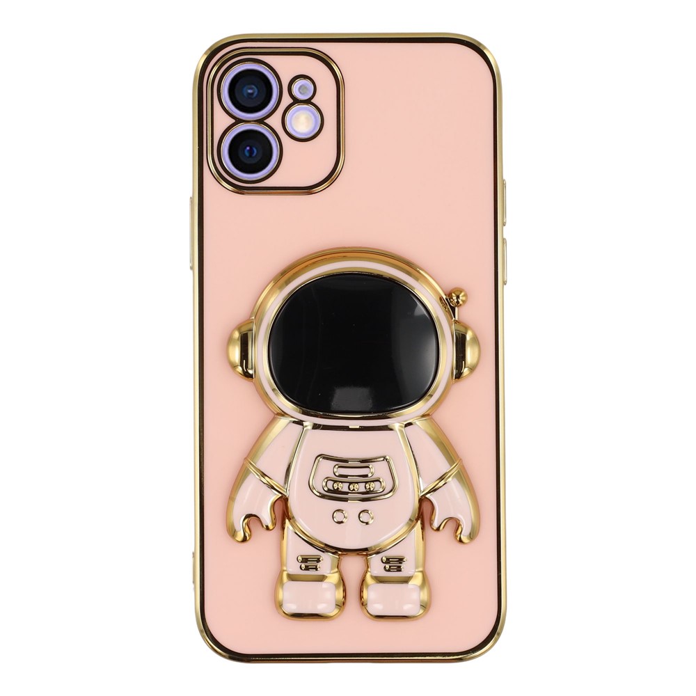 For iPhone 12 Case Electroplating Soft TPU Phone Cover with Astronaut Hidden Kickstand - Pink