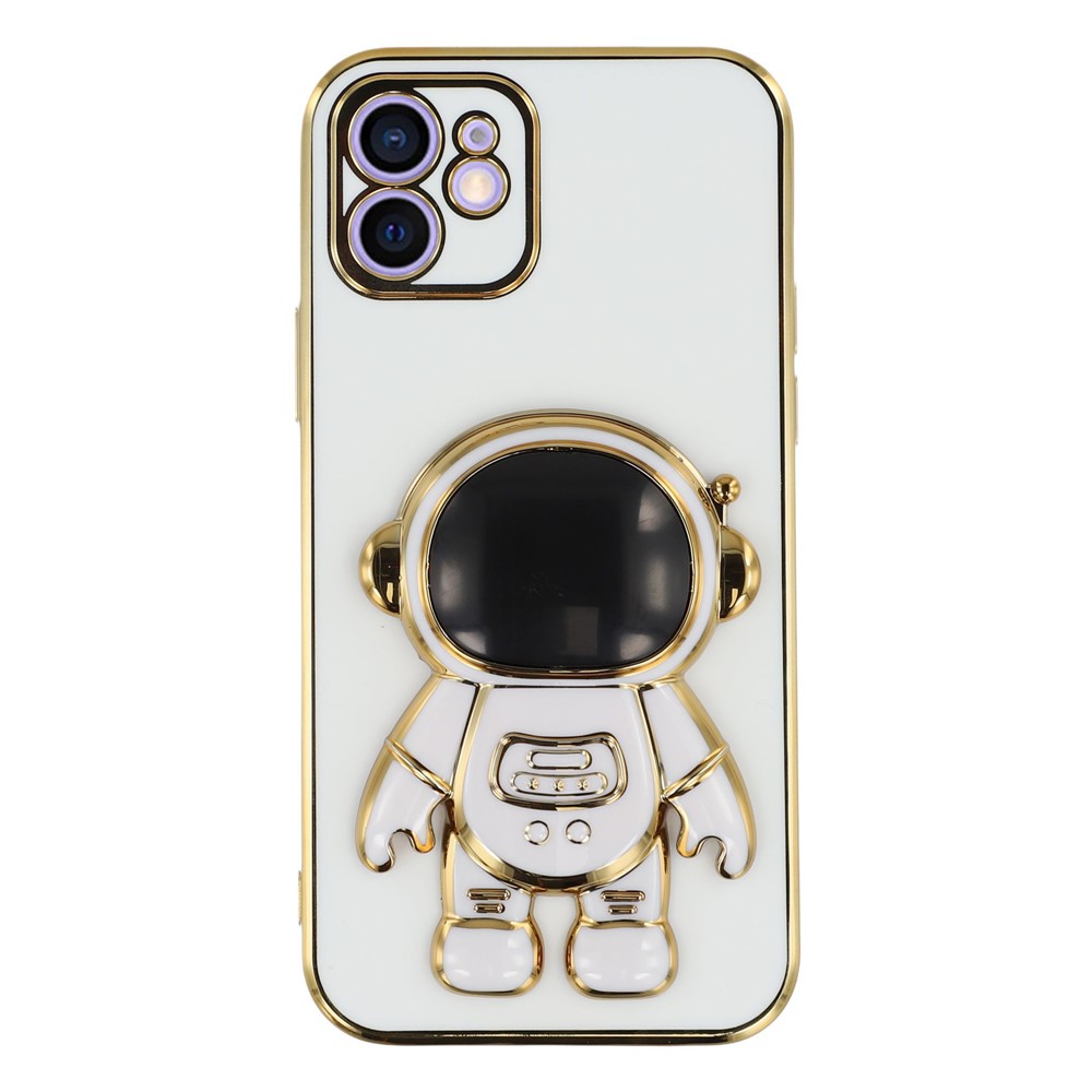 For iPhone 12 Case Electroplating Soft TPU Phone Cover with Astronaut Hidden Kickstand - White
