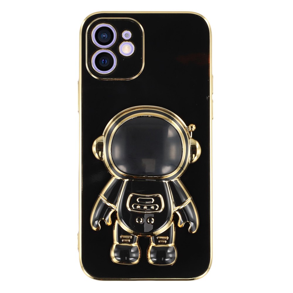 For iPhone 12 Case Electroplating Soft TPU Phone Cover with Astronaut Hidden Kickstand - Black