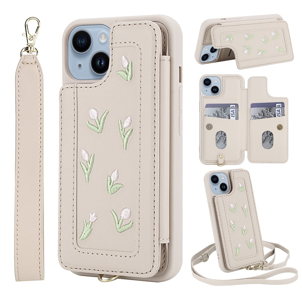 For iPhone 14 / 13 Case Embroidered Tulips PU Leather Card Holder Back Cover with Shoulder Strap / Wrist Strap - Beige