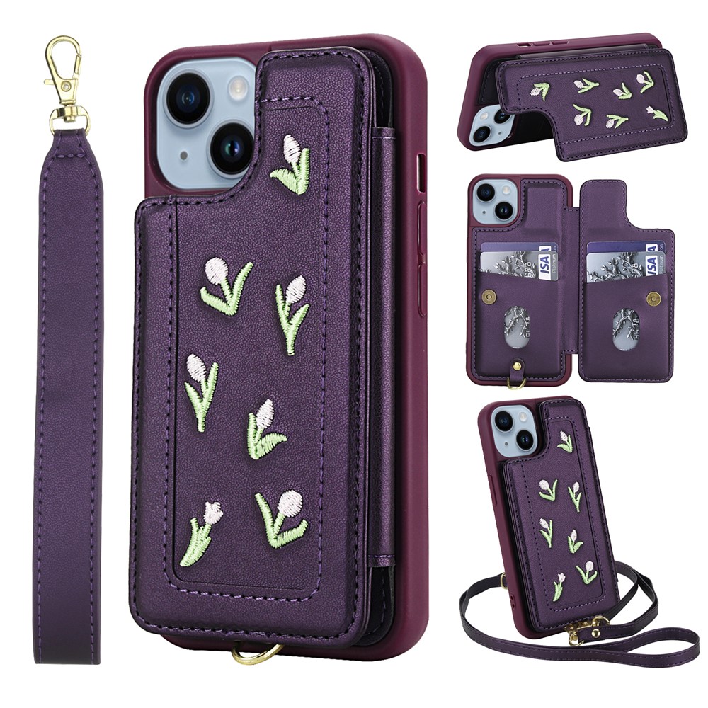 For iPhone 14 / 13 Case Embroidered Tulips PU Leather Card Holder Back Cover with Shoulder Strap / Wrist Strap - Purple