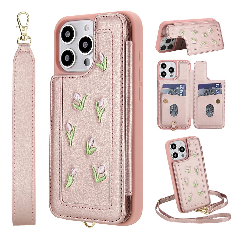 For iPhone 14 Pro Max Case Embroidered Tulips PU Leather Card Holder Back Cover with Shoulder Strap / Wrist Strap - Pink