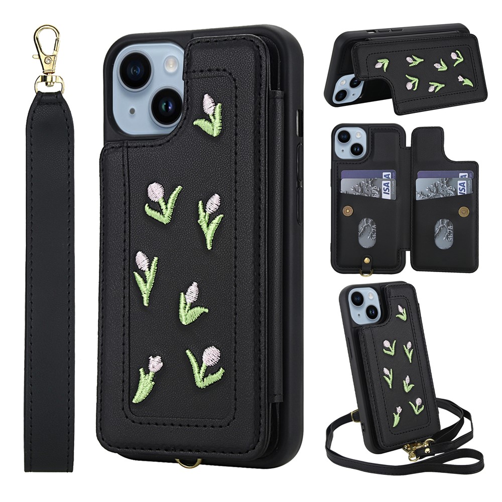 For iPhone 15 Case Embroidered Tulips PU Leather Card Holder Back Cover with Shoulder Strap / Wrist Strap - Black