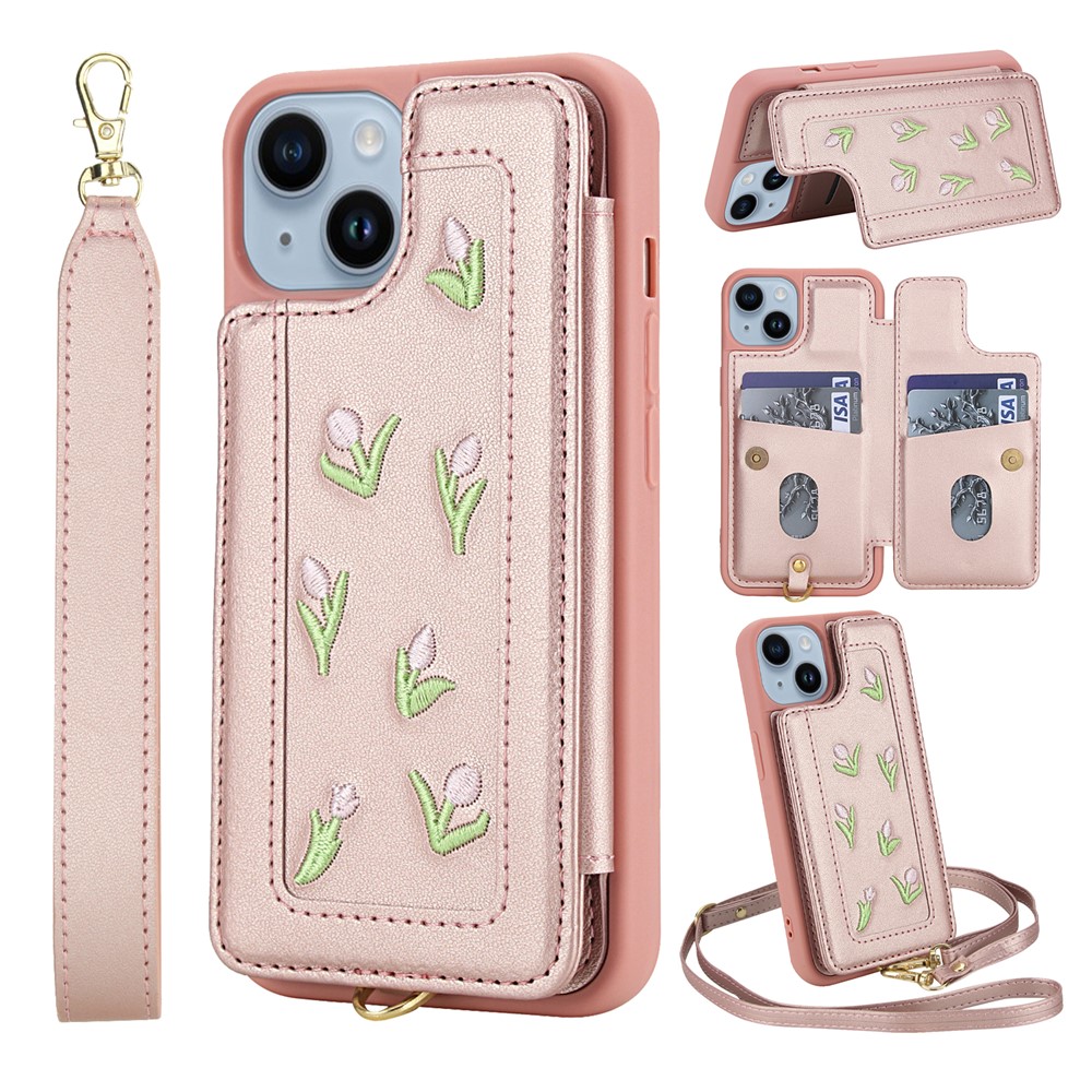 For iPhone 15 Case Embroidered Tulips PU Leather Card Holder Back Cover with Shoulder Strap / Wrist Strap - Pink