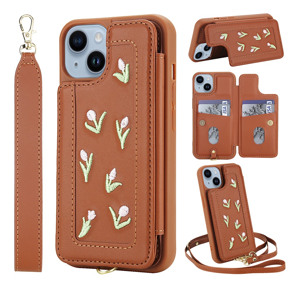 For iPhone 15 Case Embroidered Tulips PU Leather Card Holder Back Cover with Shoulder Strap / Wrist Strap - Brown