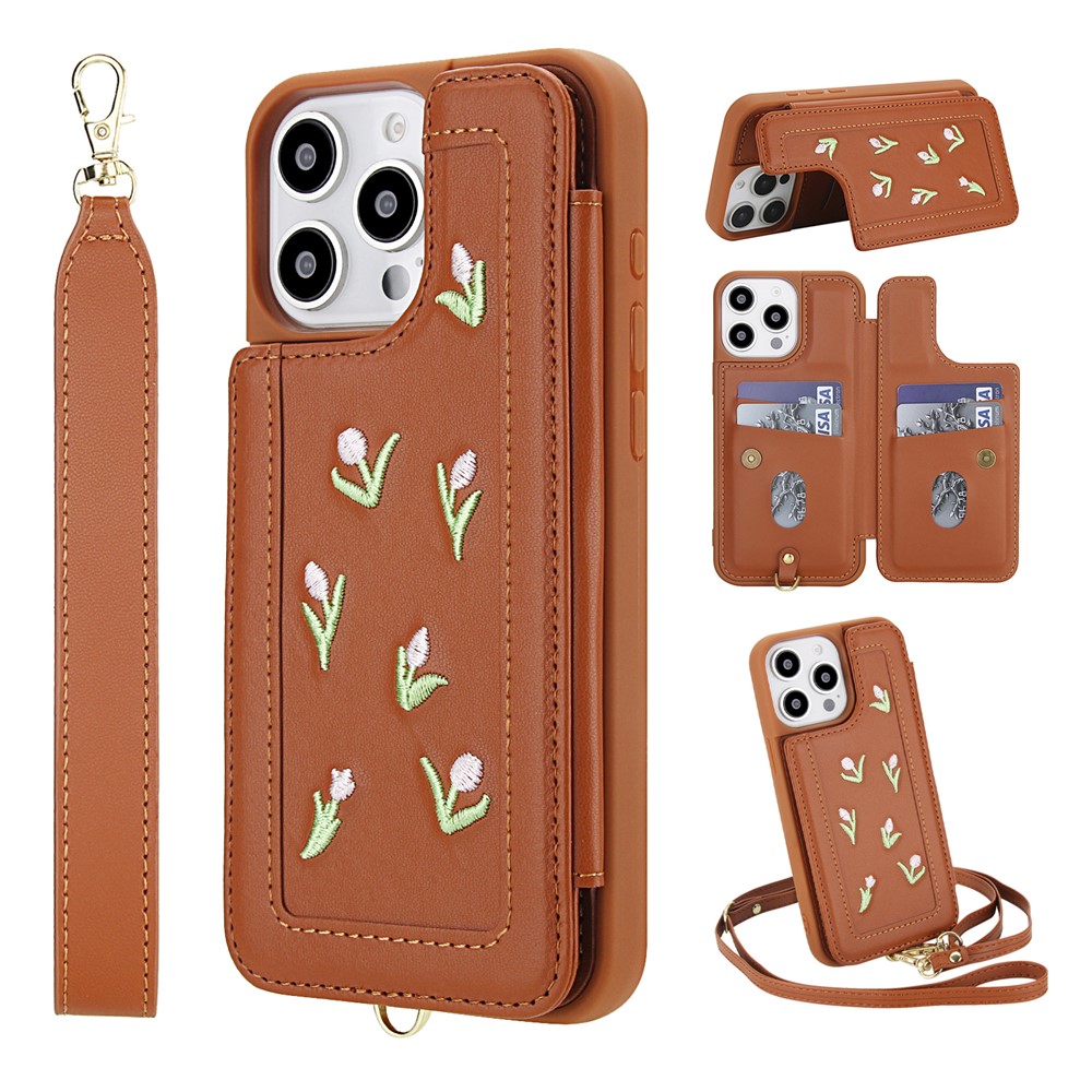 For iPhone 15 Pro Case Embroidered Tulips PU Leather Card Holder Back Cover with Shoulder Strap / Wrist Strap - Brown
