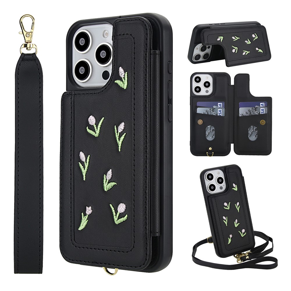 For iPhone 15 Pro Max Case Embroidered Tulips PU Leather Card Holder Back Cover with Shoulder Strap / Wrist Strap - Black