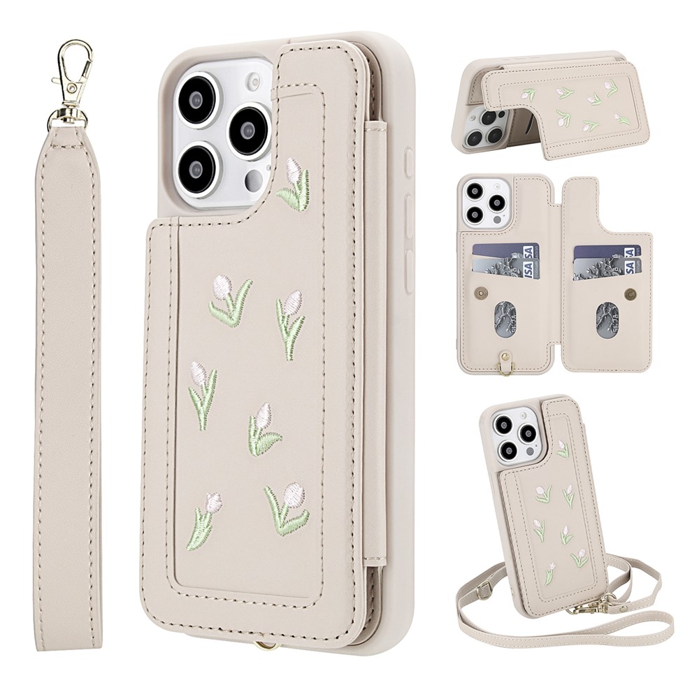 For iPhone 15 Pro Max Case Embroidered Tulips PU Leather Card Holder Back Cover with Shoulder Strap / Wrist Strap - Beige