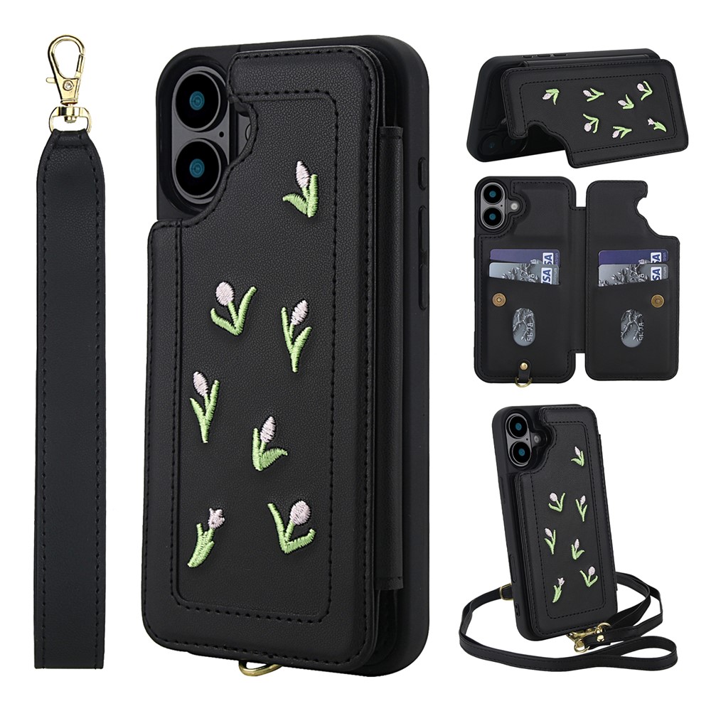 For iPhone 16 Plus Case Embroidered Tulips PU Leather Card Holder Back Cover with Shoulder Strap / Wrist Strap - Black
